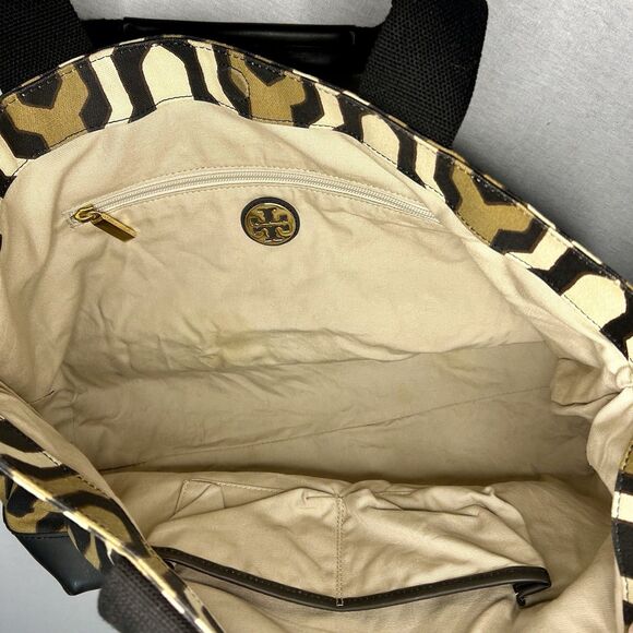 Tory Burch Tote, Olive Tan & BlackGeometric Print, Black Trim, Gold Hardware - Picture 4 of 5